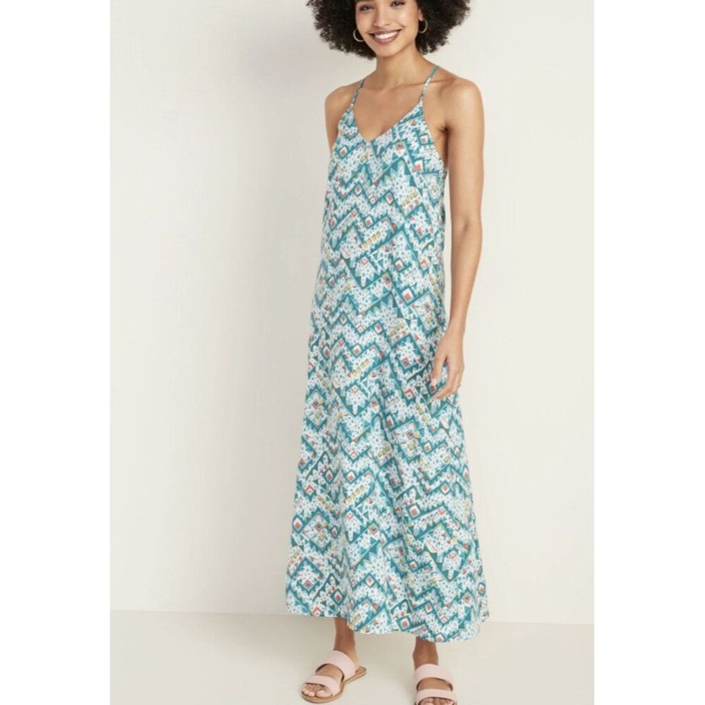 Old Navy Dress XXL 2X Maxi Blue Multi Printed Casual BOHO Festival Art to Wear